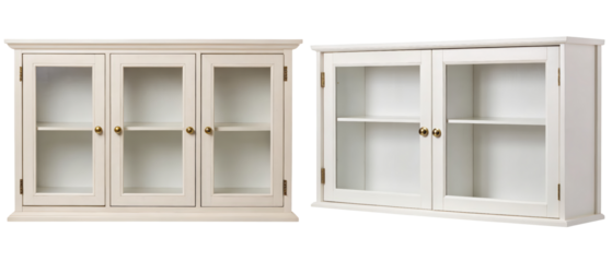 White wall cabinets with glass doors for storage isolated with transparent background