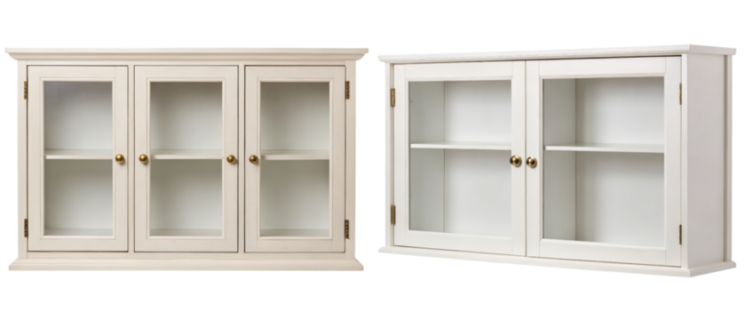 White wall cabinets with glass doors for storage isolated with transparent background