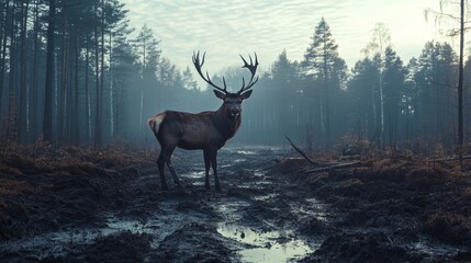 Naklejka premium Majestic stag in misty forest landscape with soft morning light. Wildlife photography