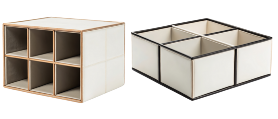 White leather storage boxes with compartments isolated with transparent background