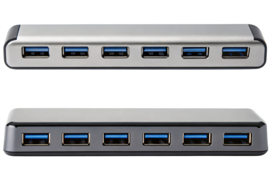 USB hubs with multiple ports for data transfer isolated with transparent background