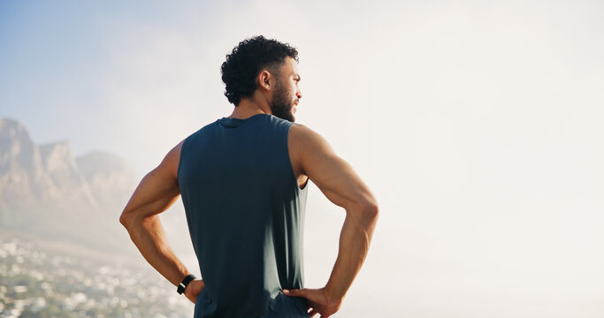 Relax, fitness and back of man in nature for mockup space, thinking and health. Runner, workout and reflection with person and training with mountain view for sports athlete, marathon and exercise