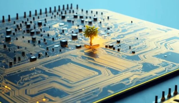 Generative AI illustration of digitally created image of ree with foliage growing from a circuit board illustrating the concept of technology