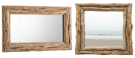 Rustic wooden frames with mirror isolated with transparent background