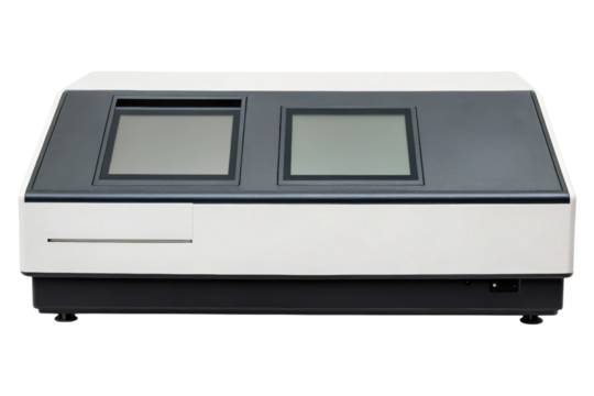 Laboratory instruments with dual display screens isolated with transparent background