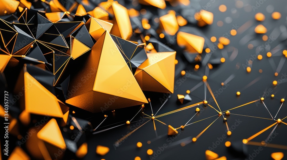 Poster a captivating abstract composition of dynamic angular shapes and patterns in shades of orange and bl