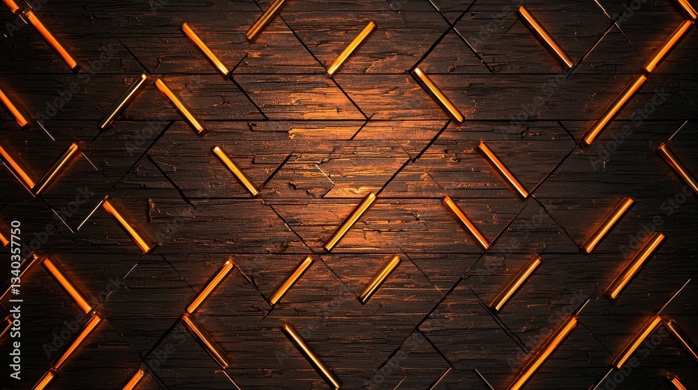Poster striking abstract geometric pattern featuring intersecting orange lines and angles on a rustic dark 
