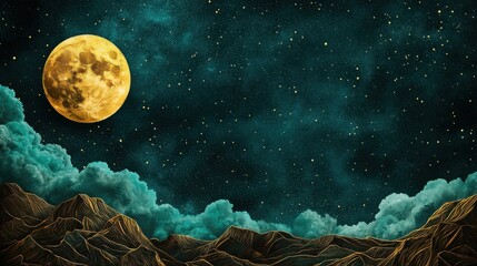 A breathtaking otherworldly vista of a serene landscape bathed in the ethereal glow of a full moon with majestic mountains silhouetted against a starry mystical sky