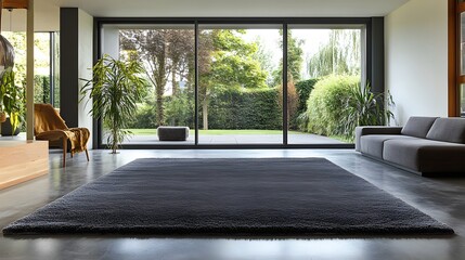 Fototapeta premium Modern living room showcases dark rug and garden view