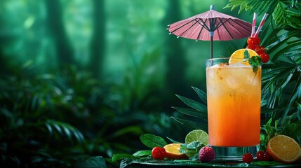 A vibrant and refreshing tropical cocktail featuring a blend of fresh citrus juices berries and a colorful umbrella garnish set against a lush verdant backdrop