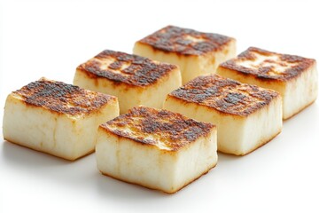 Delicious grilled halloumi cheese cubes on a white surface culinary delight food photography studio shot close up appetizing texture and golden brown crust