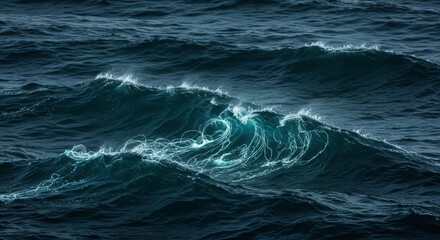 Fototapeta premium Abstract Ocean Waves with Glowing Trails Sparkling Sea Dark Blue Water Natural Light