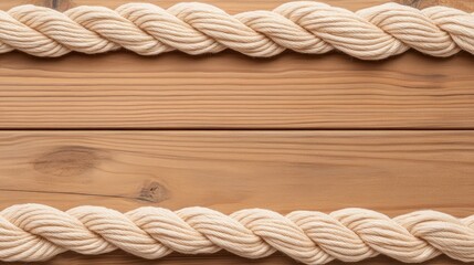 Fototapeta premium A close-up view of a twisted rope laid on a wooden surface, showcasing the texture and natural colors of both materials, macramé texture