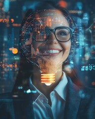 A woman with glasses smiling, showcasing digital data representation over her head, symbolizing innovation.