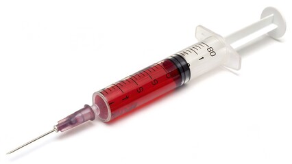 Fototapeta premium Sterile Syringe Filled with Red Liquid, Isolated on a White Background, Detailed Pharmaceutical Research Stock Image symbolizing pharmaceutical research, medical treatment, and laboratory testing.