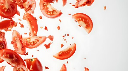 Fototapeta premium Sliced red tomatoes float in a white illuminated space