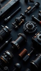Industrial machinery parts on sleek black background, technology, metal