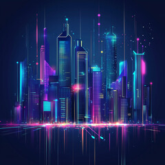 Fototapeta premium Vector illustration urban architecture, cityscape with space and neon light effect. Modern hi-tech, science, futuristic technology concept. Abstract digital high tech city design for banner background