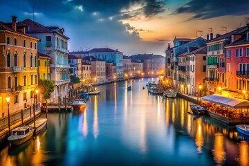 Obraz premium Magical Venice Night Panorama: Illuminated Canals & Bridges, Italy