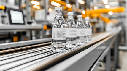 Sparkling Water Bottles on Conveyor Belt in Bottling Facility  
