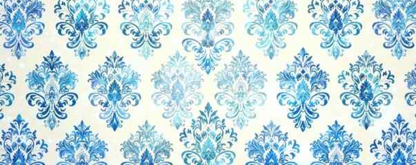 Intricate damask pattern in shades of blue and white on a cream background , white, blue