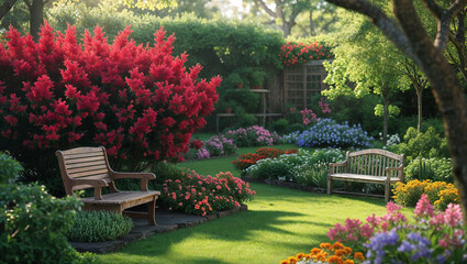 Fototapeta premium Lush green garden with a wooden bench surrounded by colorful blooming flowers and vibrant plants creating a relaxing outdoor landscape with a peaceful and tranquil atmosphere