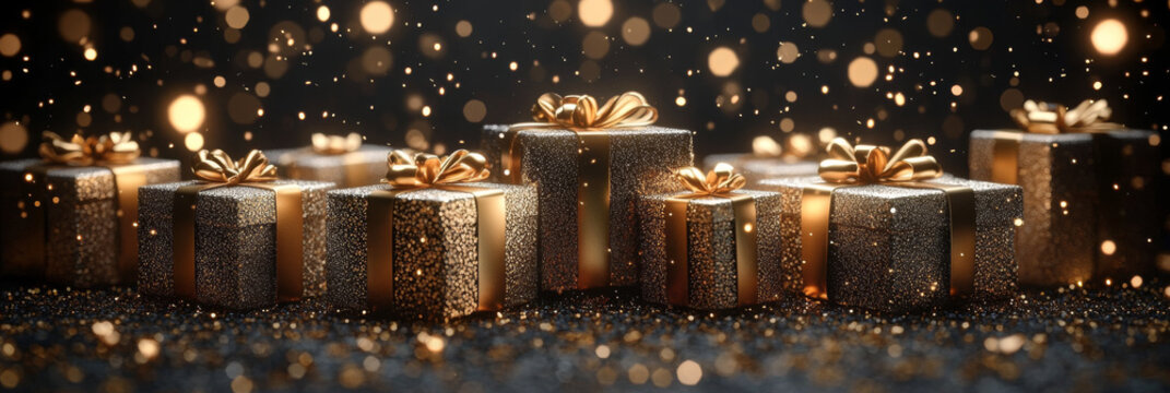Glistening gift boxes with golden bows create festive atmosphere, surrounded by shimmering particles that evoke joy and celebration. Perfect for holiday themes and special occasions