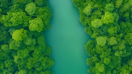 Naklejka premium Aerial View of Lush Green Forest Surrounding Tranquil River