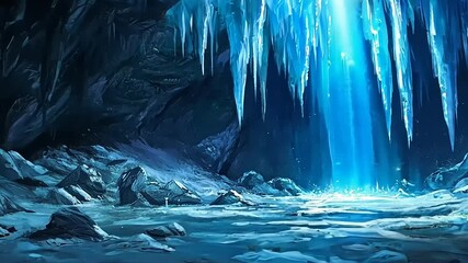 Enchanted ice cave with shimmering blue light illuminating stalactites and rocky terrain - Powered by Adobe