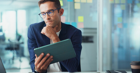 Business solution, tablet and man with thinking for campaign inspiration, problem solving or email...