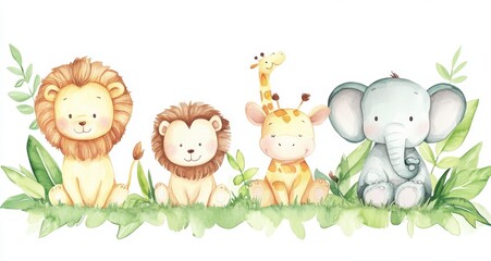 Naklejka premium Adorable Watercolor Illustration of Safari Animals Amidst Lush Greenery