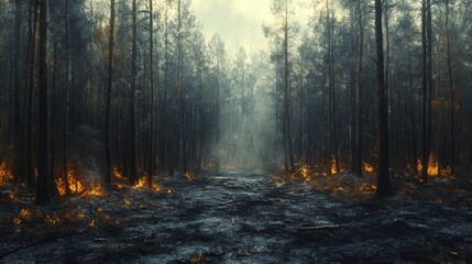 Obraz premium Scorched forest, with blackened trees and dusty ground 