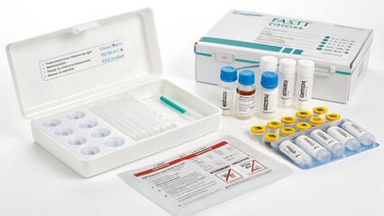 Medical Test Kit with Diagnostic Reagents, Isolated on a White Background, Clean and Precise Laboratory Stock Image highlighting clinical analysis, disease detection, and laboratory accuracy.
