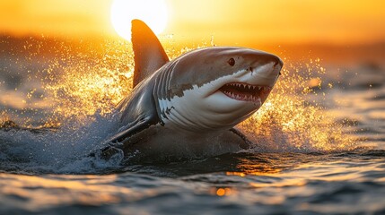 Fototapeta premium Great white shark breaching ocean surface at sunset, dramatic seascape photography