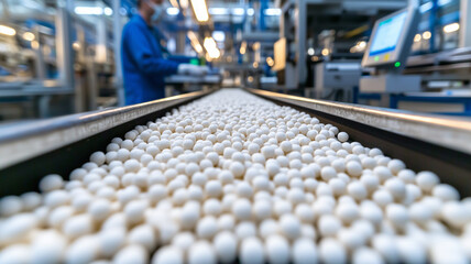 White Pellets on Conveyor Belt in Industrial Manufacturing Facility  
