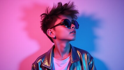 Boy Posing Under Neon Lighting