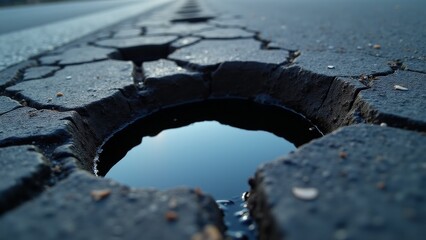 Fototapeta premium Pothole Filled With Water On Road