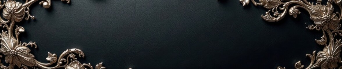 Luxurious silver foil with intricate patterns and textures on a black canvas, reflective, metallic