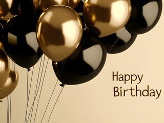 Modern birthday greeting with floating gold and black balloons, sophisticated design and sleek typography for a classy celebration