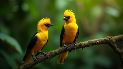 Naklejka premium Two Golden-Collared Manakin Birds Perched On Branch