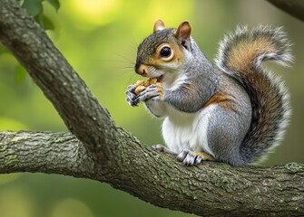 Fototapeta premium Gray Squirrel Eating Nut on Tree Branch Outdoors