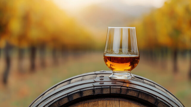 glass of whiskey sits on barrel in vineyard