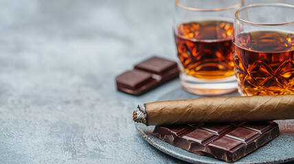 Indulge glass, of whiskey, bourbon, smooth, chocolate, and cigar