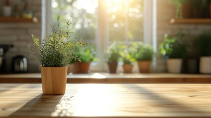 Fototapeta premium Serene kitchen scene featuring a potted rosemary plant on a wooden table bathed in sunlight creating a warm and inviting atmosphere