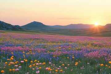Fototapeta premium Sunrise over a colorful wildflower meadow in mountains