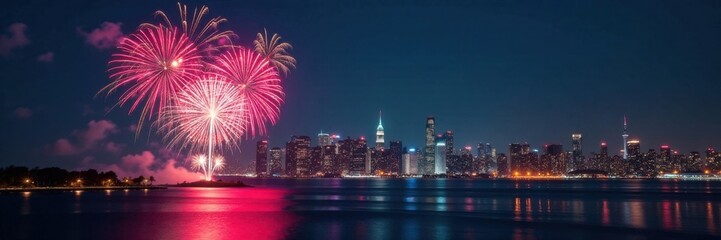 Fototapeta premium Midnight fireworks exploding over a cityscape at New Year, celebration, countdown, balloons