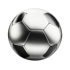 A shiny metal soccer ball floats in the center of the frame, isolated against a stark black background, reflecting light.