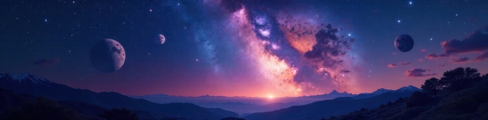 Fototapeta premium Milky Way galaxy with shooting stars and planets , milky way, astronomy