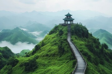 Mountaintop Pavilion and Winding Path Amidst Lush Green Hills and Misty Atmosphere