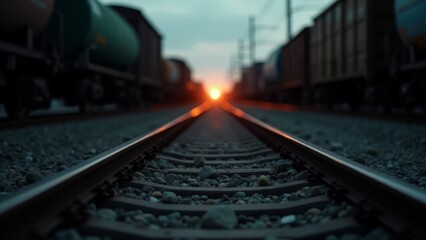 Obraz premium Sunset Over Railway Tracks With Cargo